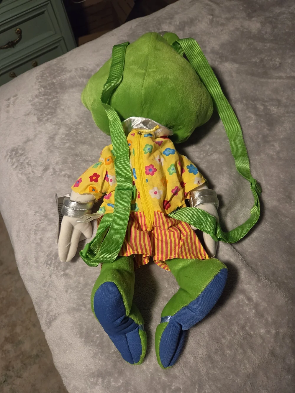 Vintage Bright Green Alien Plush Toy with Blue Eyes - Colorful Outfit